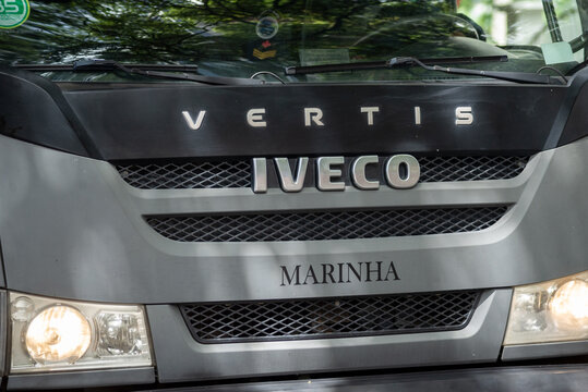 Salvador, Bahia, Brazil - September 07, 2023: Front of a green colored Iveco vertis truck used by the Brazilian navy in the city of Salvador, Bahia.