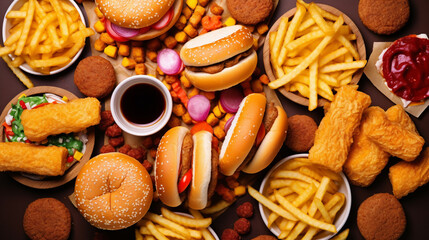 Top view of fast-food and junk food - obrazy, fototapety, plakaty
