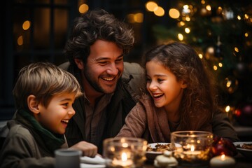 Obraz na płótnie Canvas Family having Christmas dinner at home, gathered around the table, enjoying their time together