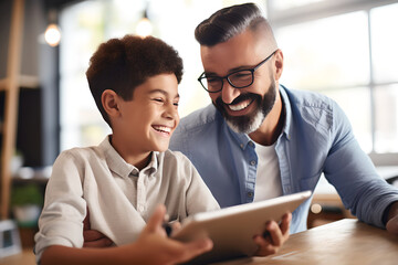 Male teacher talking to his young student while holding a digital tablet device in school, happy student learning about digital tablet with teacher