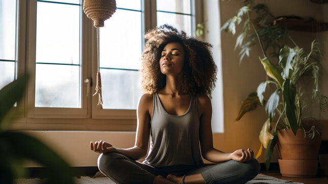 Healthy young woman doing breathing exercise at home, beautiful woman meditating at home with eyes closed, practicing yoga, doing pranayama techniques Mindfulness meditation concept