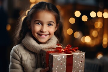 Fototapeta na wymiar Happy little smiling girl with christmas gift box