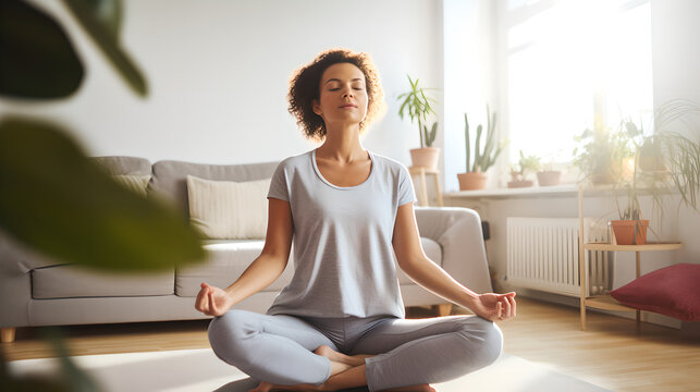 Healthy young woman doing breathing exercise at home, beautiful woman meditating at home with eyes closed, practicing yoga, doing pranayama techniques Mindfulness meditation concept