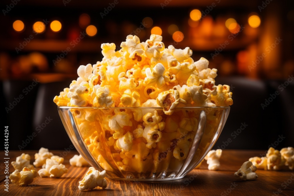 Poster appetizing popcorn. background with selective focus and copy space