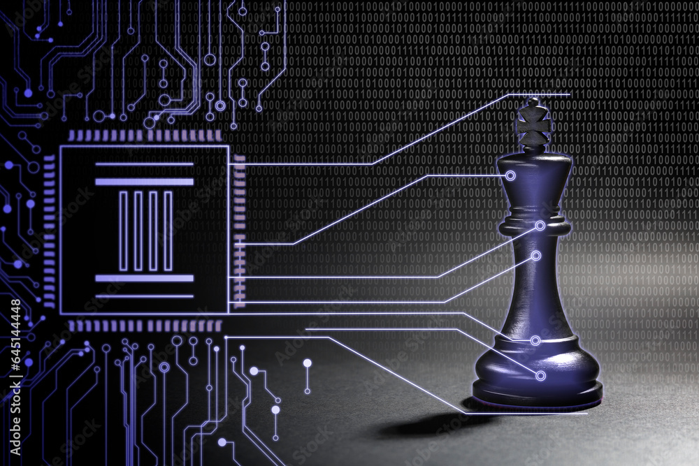 Poster microchip on circuit board connected to chess piece against binary code