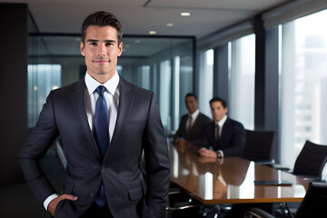 Fototapeta premium Portrait of a successful young businessman posing with his arms crossed in a boardroom, confident businessman leader looking at camera standing in office at team meeting