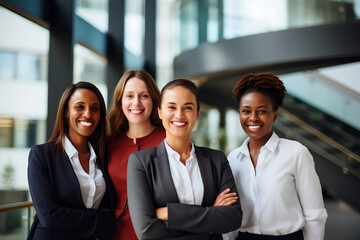 Portrait of successful group of business woman standing as a team at modern office looking at camera.