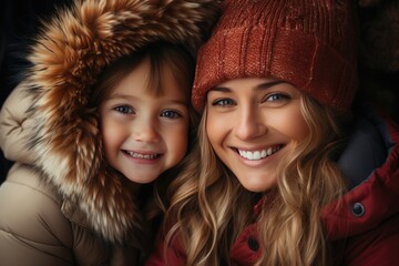 Fototapeta premium Happy family, mother and daughter in winter clothes