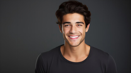 Obraz premium Portrait of handsome young man smiling and laughing standing over dark background, cheerful man with fresh stylish hair and beard isolated on black studio background.