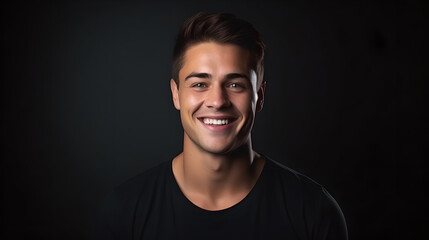 Fototapeta premium Portrait of handsome young man smiling and laughing standing over white background, cheerful man with fresh stylish hair and beard isolated on white studio background.