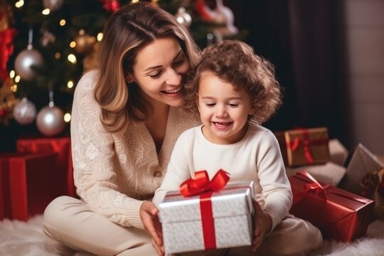 Daughter sitting with mother opening gift box while sitting next to christmas tree