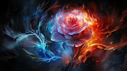 Swirling Ice and Fire Rose background, backdrop, black background