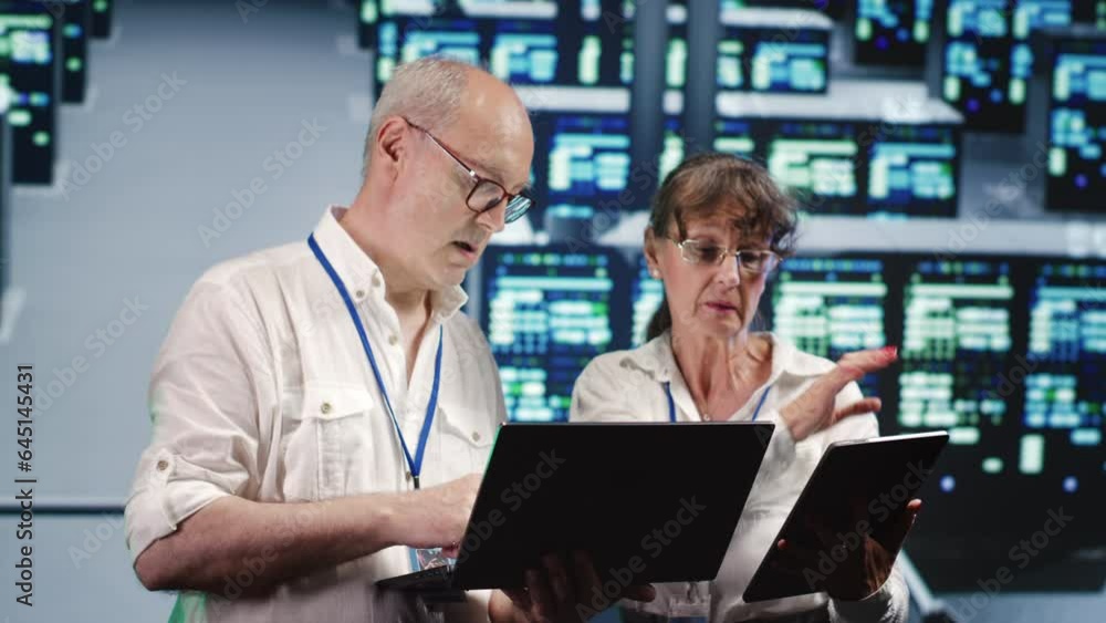 Poster focused it inspectors looking around data center, using laptop and tablet to crosscheck disaster rec