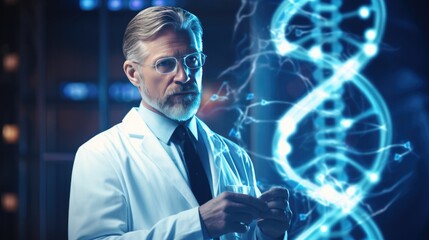 Medicine doctor touching DNA or database electronic medical structure on hologram modern virtual screen interface.