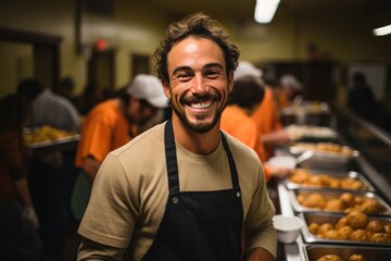 Fototapeta premium A positive volunteer serving the homeless in a social canteen