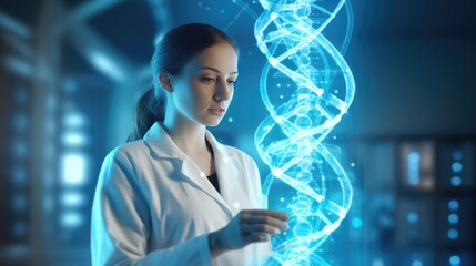 Medicine doctor touching DNA or database electronic medical structure on hologram modern virtual screen interface.