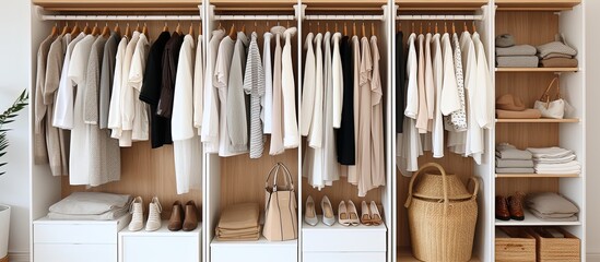 Obraz na płótnie Canvas Scandinavian-style walk-in closet with women's clothes on rail in modern wooden wardrobe.
