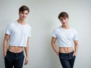 male young models in white empty t shirts  with perfect body, white background