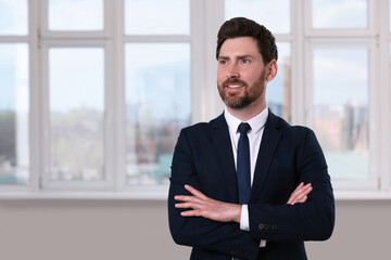 Fototapeta premium Happy real estate agent in new apartment. Space for text