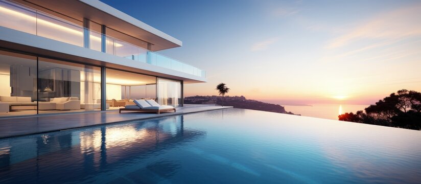 Contemporary home exhibits infinity pool and ocean view through stylish windows.