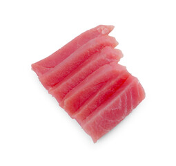 Tasty sashimi (slices of fresh raw tuna) isolated on white, top view