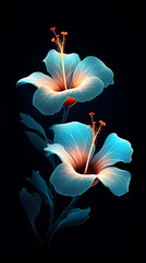 blooming light blue flowers on dark background in the style of luminescent lightscapes