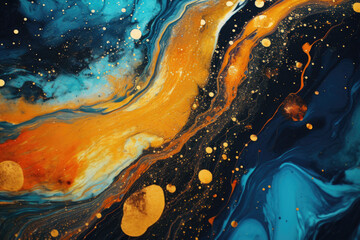 Liquid Golden Cosmos Texture. Metallic Shine, Abstract Gradient, Smooth Flow, Swirl Splash, Drops Fluid. Aesthetic Backdrop for Design. Generative AI.