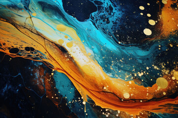Liquid Golden Cosmos Texture. Metallic Shine, Abstract Gradient, Smooth Flow, Swirl Splash, Drops Fluid. Aesthetic Backdrop for Design. Generative AI.