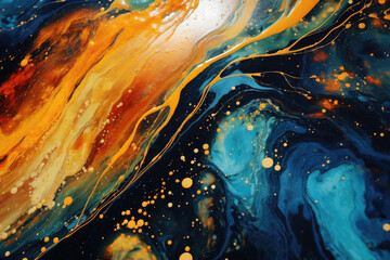 Liquid Golden Cosmos Texture. Metallic Shine, Abstract Gradient, Smooth Flow, Swirl Splash, Drops Fluid. Aesthetic Backdrop for Design. Generative AI.