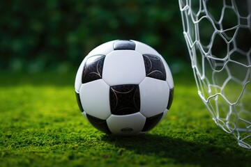 Soccer and football ball next to the goal