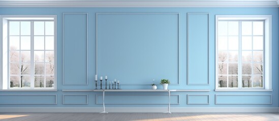 Rendered empty living room with large blue windows.