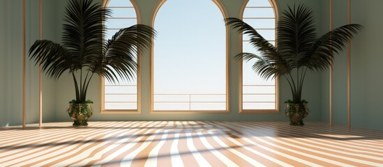 Palm trees and striped flooring fill the empty space inside.