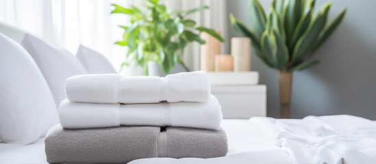 White and grey towel decorates the bedroom interior on the bed.