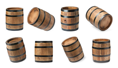 Collage of wooden barrel on white background, different sides