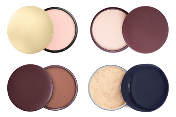 Set with face powders isolated on white, top view