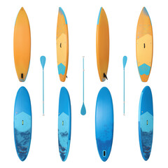 Collage with SUP boards with paddle isolated on white, different sides