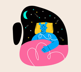 Smiling positive girl sleeping at night with moon with deep, sweet and healthy dreams. Comfort sleeping, sweet dreams concept. Colorful vector illustration