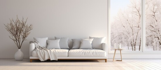 Simplistic white living room with sofa, wall decor, window view, and Nordic interior.