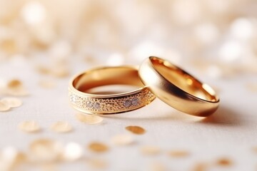 Wedding rings, close-up on a light background with flowers.postcard or invitation to a celebration. 