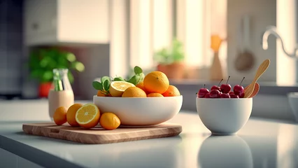 Fotobehang still life with fruits, a bowl of fruit sitting on top of a counter, Generative AI © Shinn