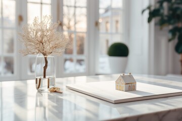 Fototapeta premium a table top with flowers and a figurine of a white house on a book against the backdrop of a blurry image of a cozy bright room. copy space.