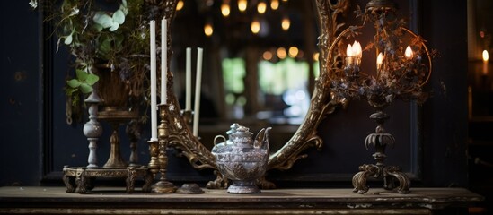 a vintage mirror and candlestick