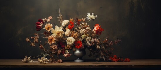 flowers in a metallic container on a surface