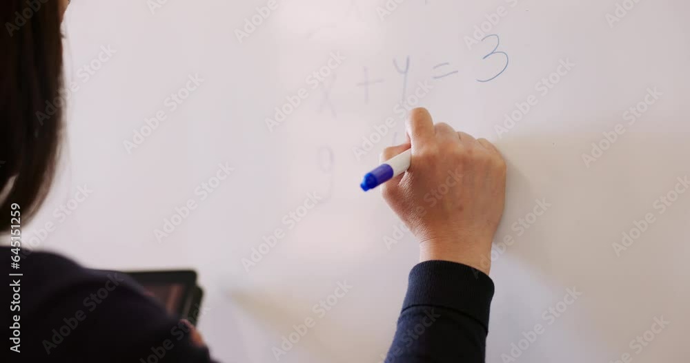 Poster Whiteboard, writing and professor in math lecture or classroom with information for education learning in university. Marker, notes and professional in college doing presentation to share knowledge