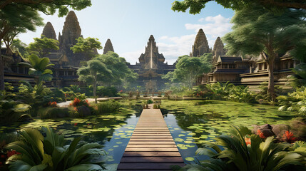Sacred Greens: Exploring an Angkor Wat-inspired Ecology Monastery Landscape - obrazy, fototapety, plakaty
