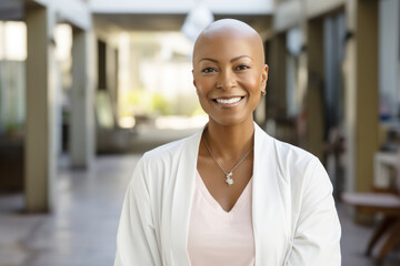 Strong african afro-american survivor from cancer disease, bald drug chemotherapy effects, breast cancer awareness