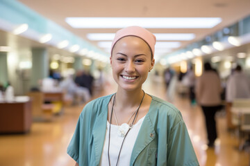 Fototapeta premium Strong asian japanese survivor from cancer disease, bald drug chemotherapy effects, breast cancer awareness