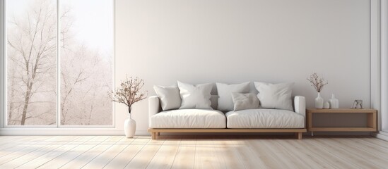 Minimalistic white living room with wooden floor, wall decor, window with white landscape. Nordic home interior. ing.
