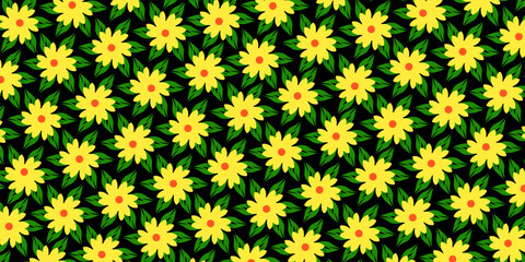 Yellow flower pattern with green leaves. Vector illustration for background