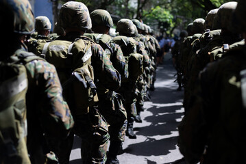 Army soldiers are seen marching during the Brazilian independence military parade in the city of Salvador, Bahia.